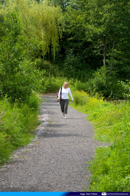 Sue returning... book in hand keeping a lookout for stray ducks